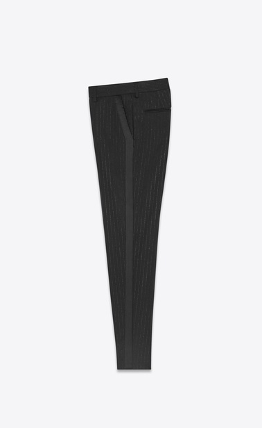 Tuxedo-band pants with “gangster lamé” stripes